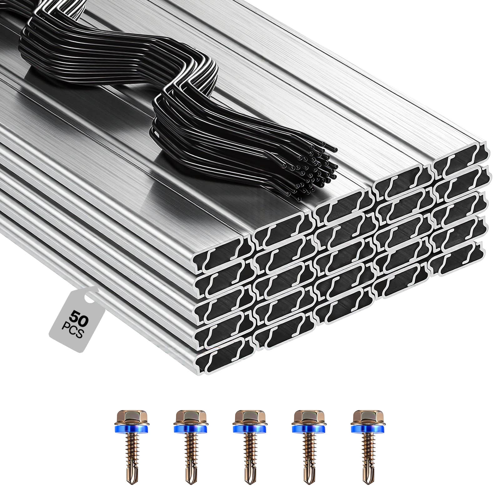 VEVOR - Greenhouse Spring Wire and Lock Channel, 50 Packs 6.56 ft PVC-Coated Wiggle Wire & Aluminum Alloy Channel Bundle Kit - Silver