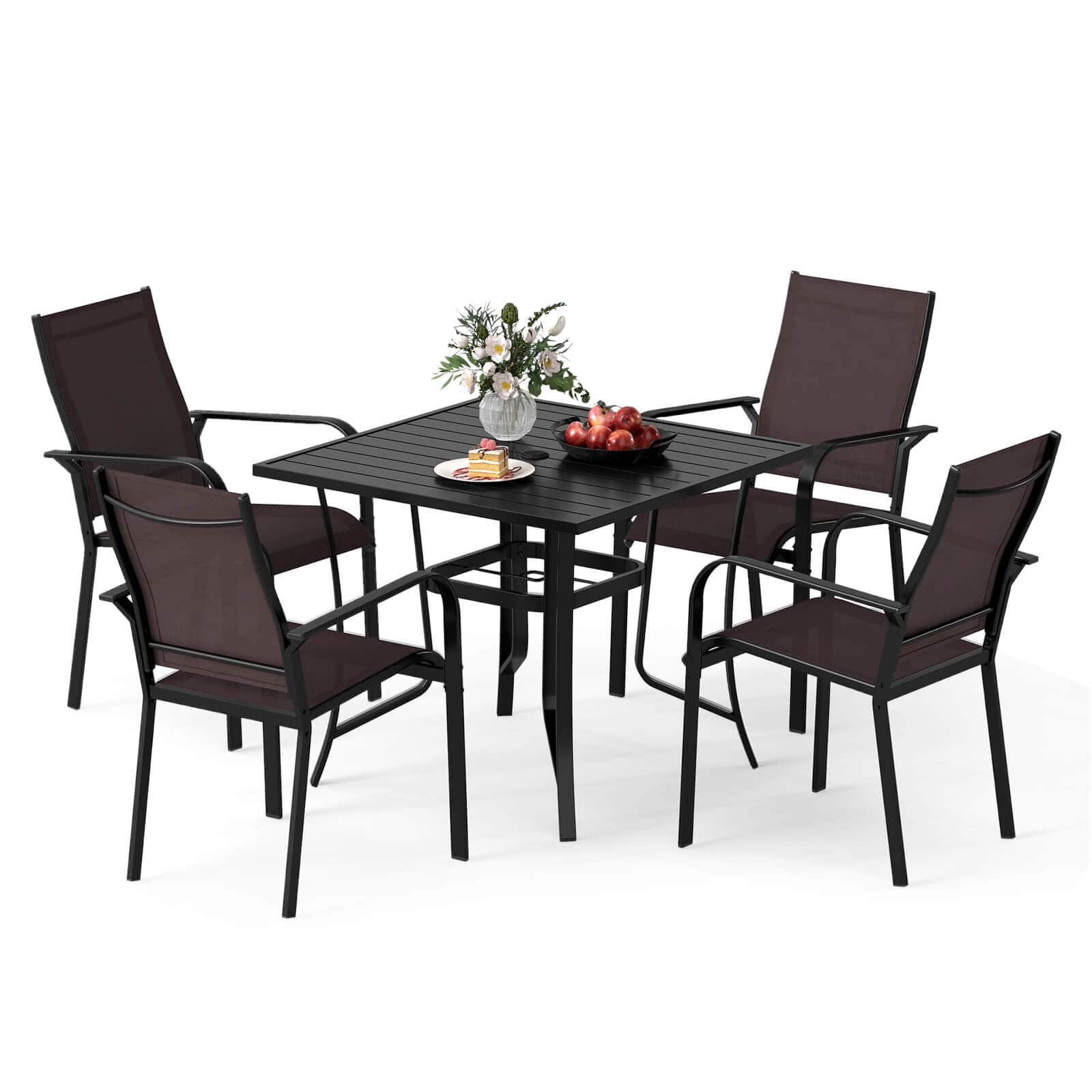 Costway - 5 PCS Patio Furniture Dining Set, Outdoor Square Table & Stackable Chairs with Umbrella Hole - Black,Coffee