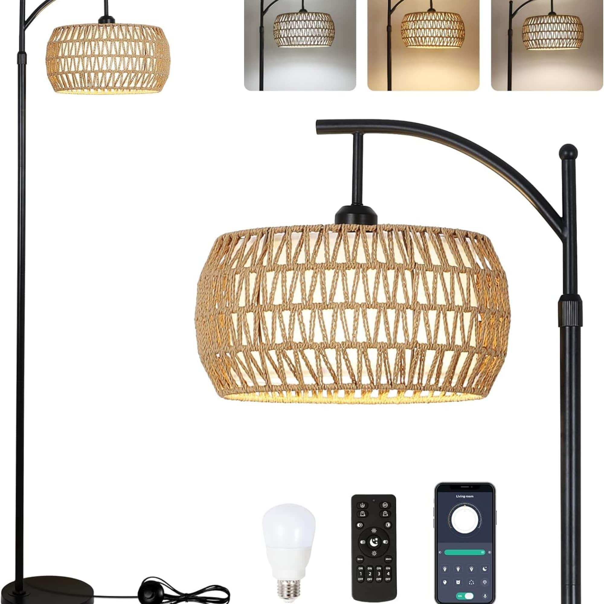 Luckbyte - Arc Floor Lamp Remote Dimmable 3 Color Temp Rattan Fabric Shade Boho Lamp for Room