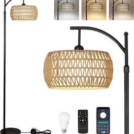 Luckbyte - Arc Floor Lamp Remote Dimmable 3 Color Temp Rattan Fabric Shade Boho Lamp for Room