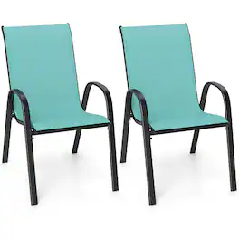 Gymax - Set of 2 Patio Dining Chairs Stackable Armrest Space Saving Black & Turquoise - Green