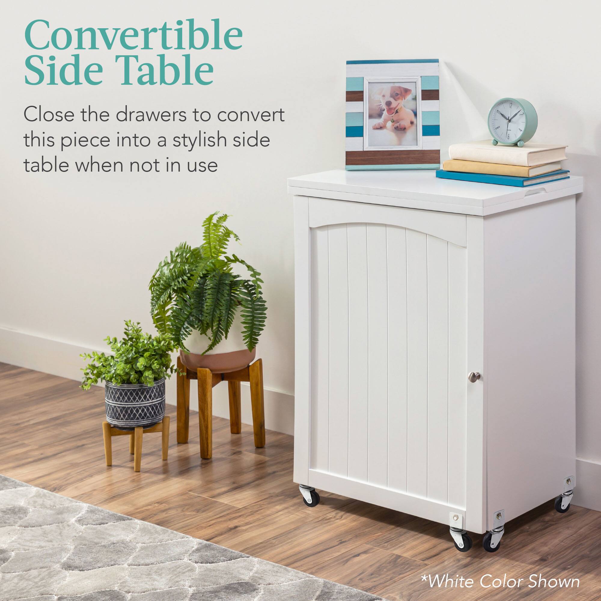 Convertible Side Table

Close the drawers to convert this piece into a stylish side table when not in use.

*White Color Shown