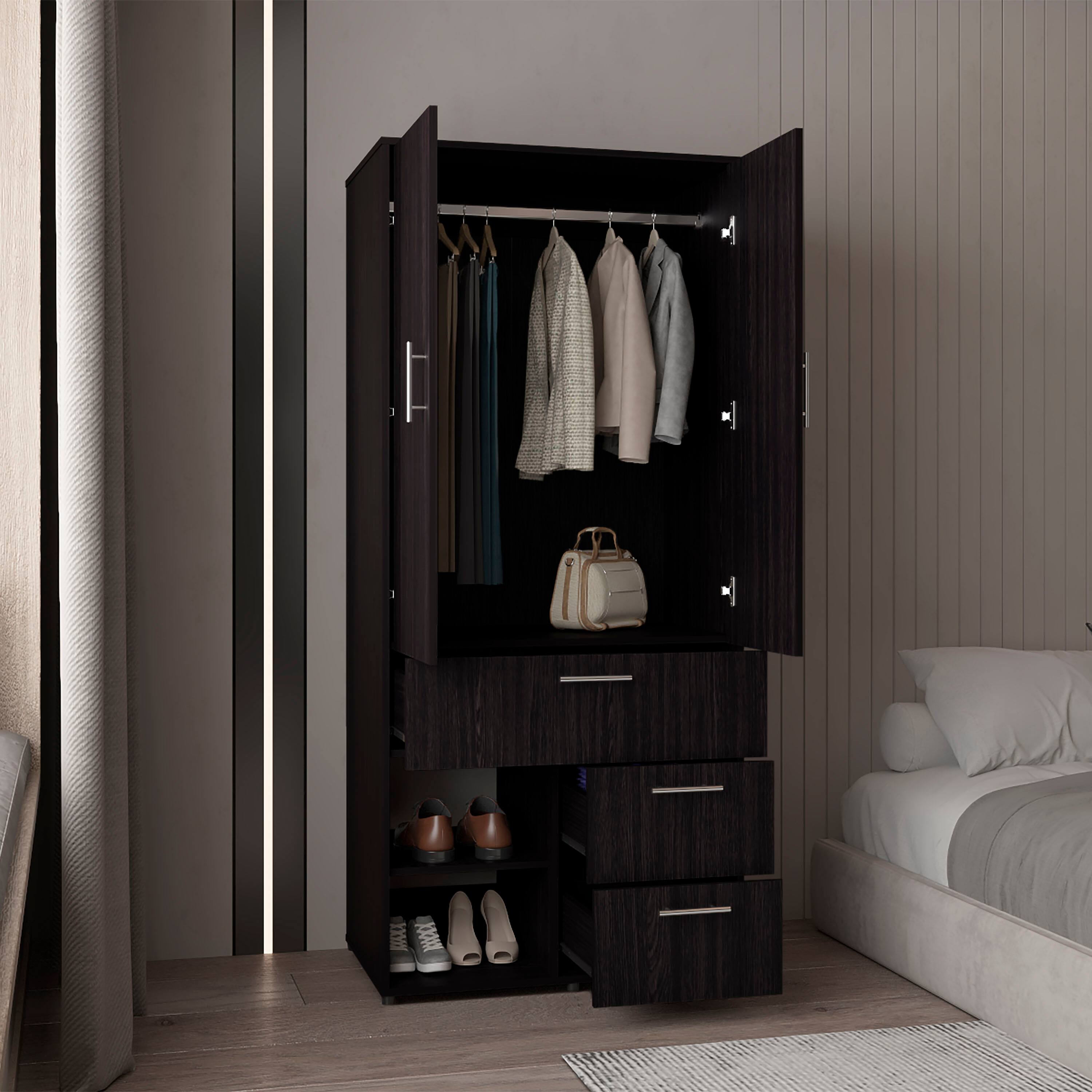 Back. TuHome - Alpine Armoire With Double Doors, Internal Shelves And Hanging Rod - Black.