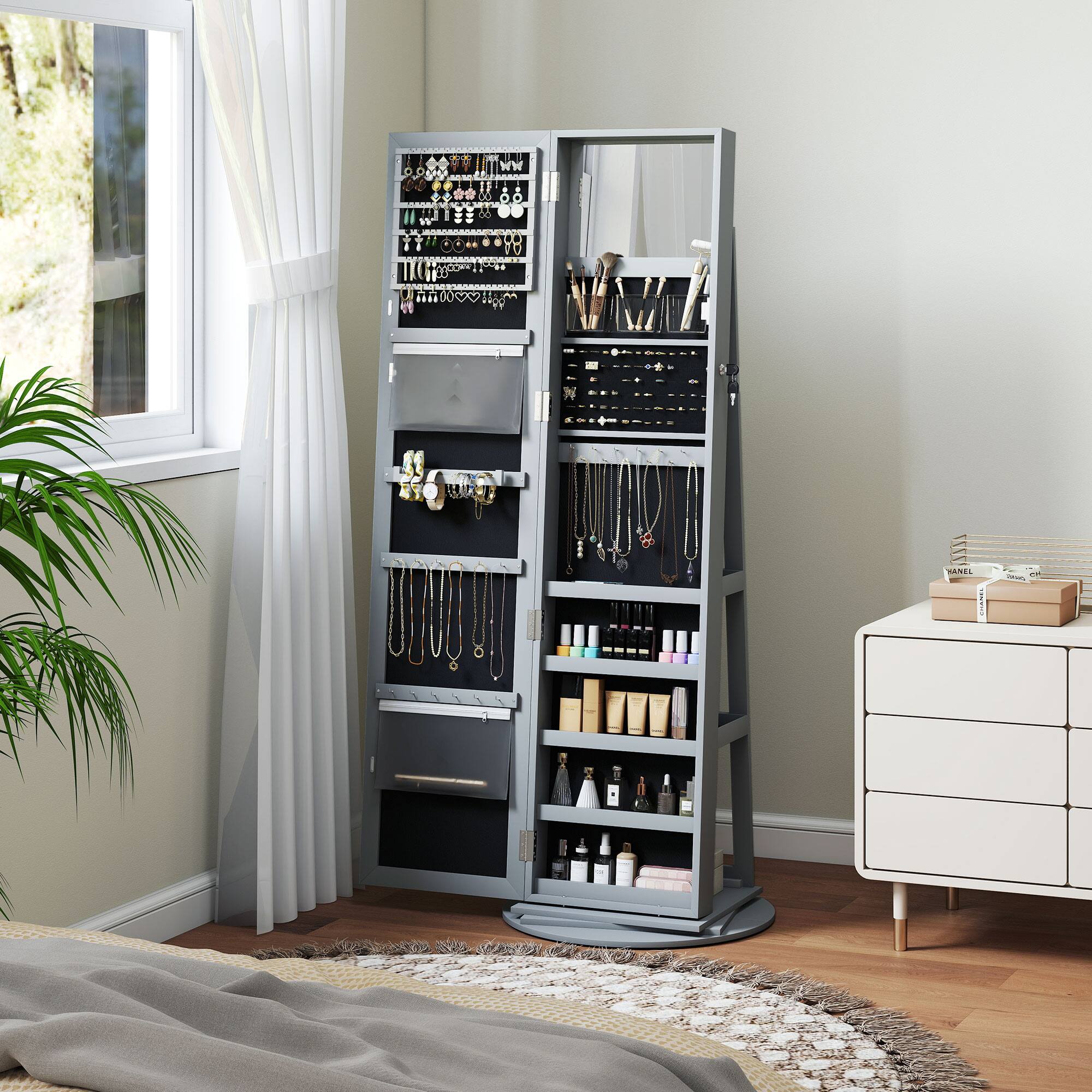 Alt View 8. Homcom - 360° Swivel Jewelry Cabinet: Full Mirror+Back Shelves Armoire - Gray.