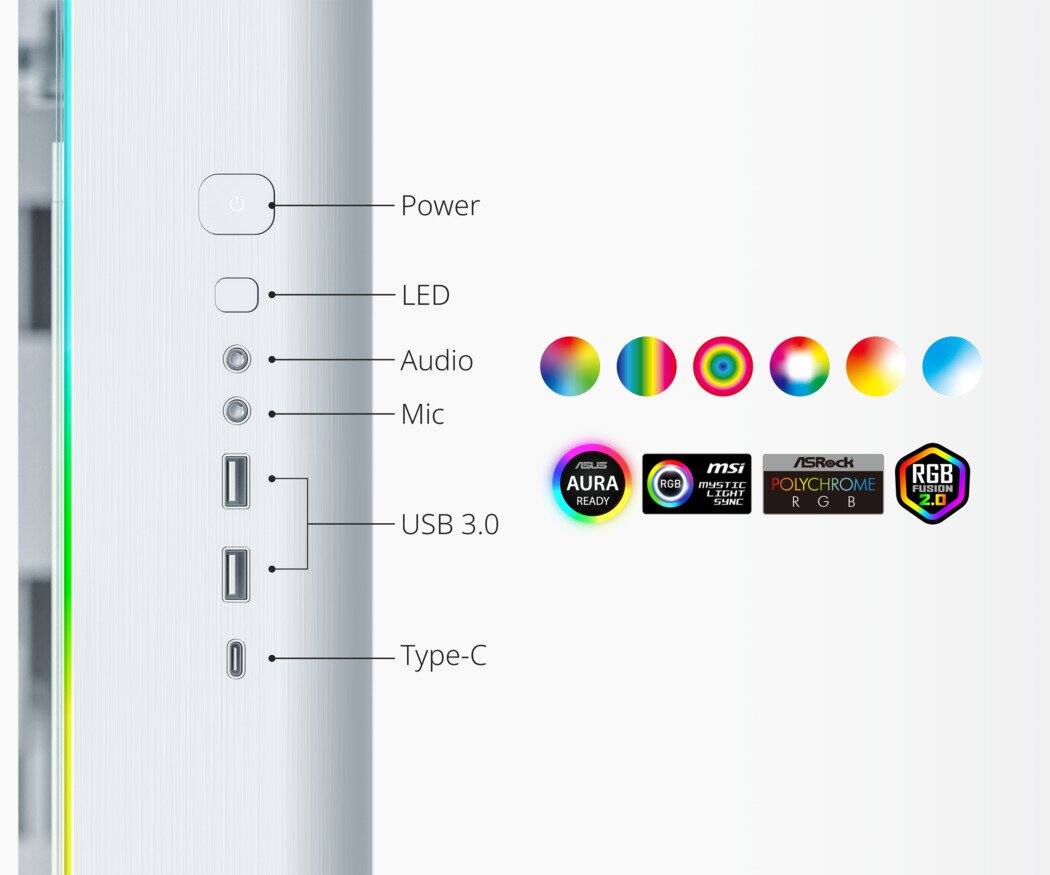 Power LED Audio Mic USB 3.0 Type-C

AURA READY / MSI RGB MYSTIC SYNC / ASRock POLYCHROME RGB / RGB FUSION 2.0