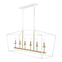 Jonathan Y - Pagoda 49" 6-Light Classic Traditional Metal Linear Cage Lantern LED Pendant, /Brass Gold - White