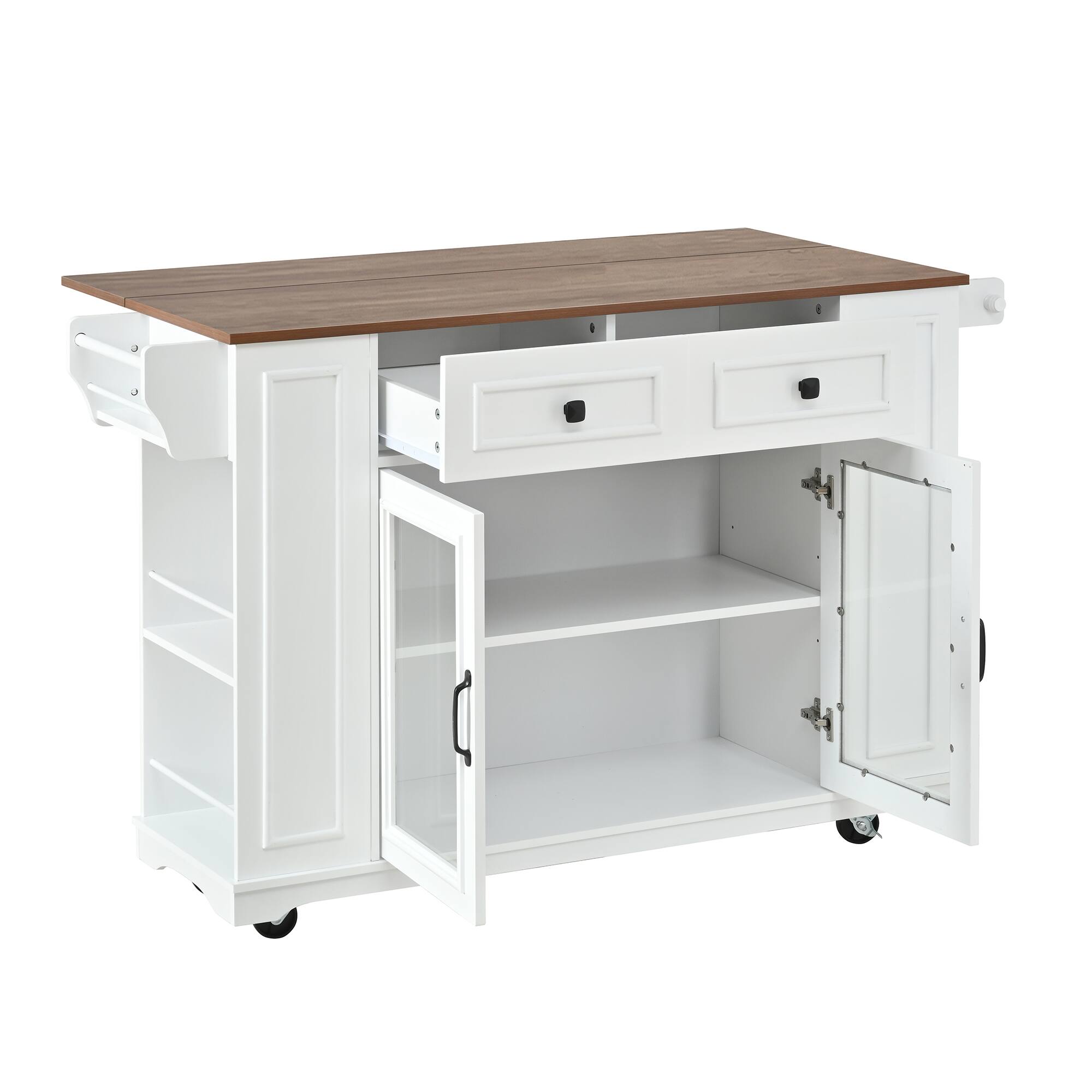 Back. Whisen - Mobile Kitchen Island with Glass Door Cabinets, Power Outlet, and Storage Shelves - White.