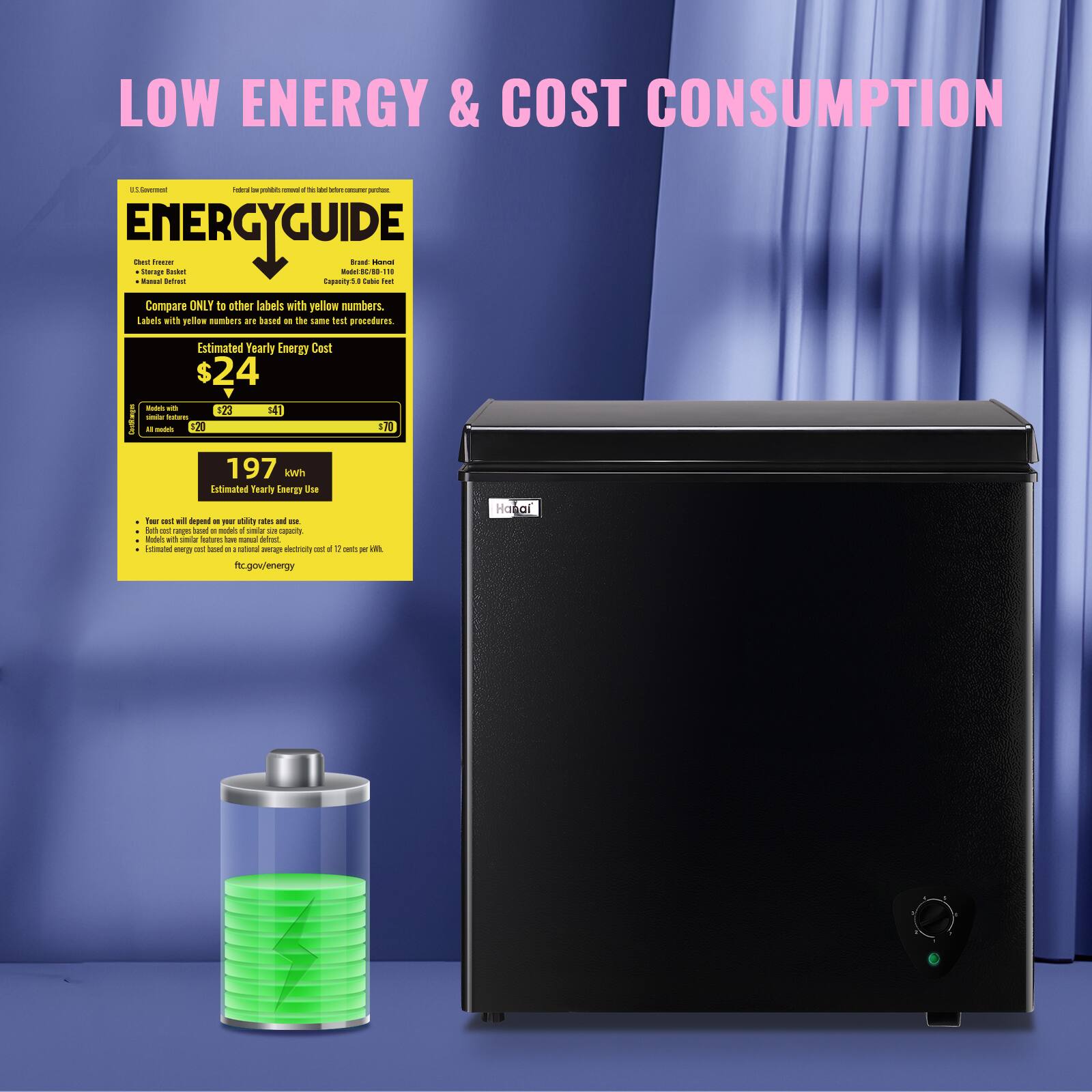 LOW ENERGY & COST CONSUMPTION

ENERGYGUIDE

Compare ONLY to other labels with yellow numbers. Labels with yellow numbers are based on the same test procedures.

Estimated Yearly Energy Cost $24

$23 $21

197 kWh

Estimated Yearly Energy Use

- Your cost will depend on your rates and use.
- Models with similar features may have lower or higher costs.
- Estimated energy use is based on an average electricity rate of 12 cents per kWh.

For more information: ftc.gov/energy