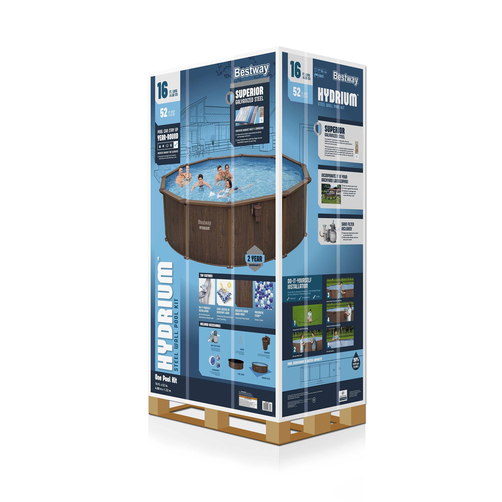 16 FT ROUND  
52 INCH  
Bestway SUPERIOR STEEL GALVANIZED  
HYDRIUM  
STEEL WALL POOL KIT  
2 YEAR WARRANTY  
DO-IT-YOURSELF INSTALLATION