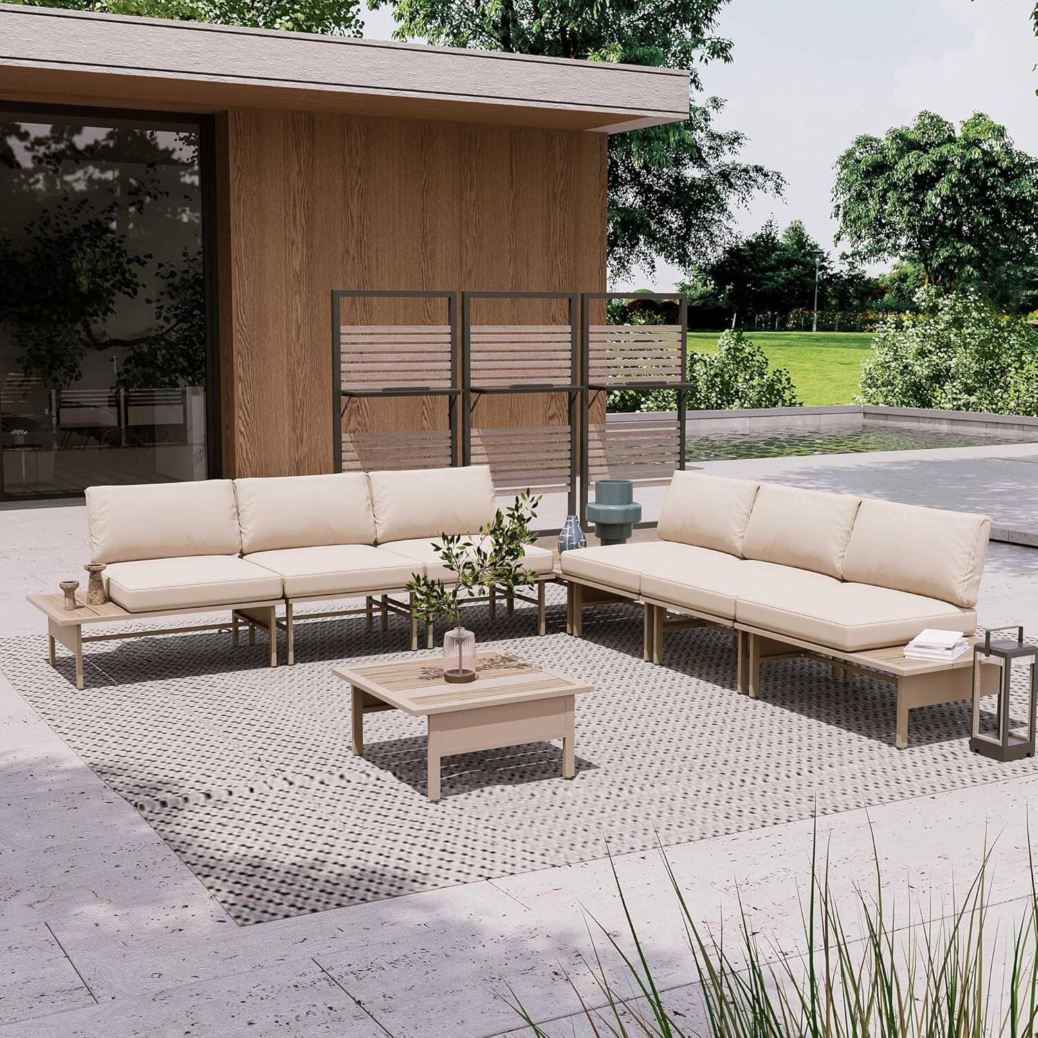 Angle. Yardgrace - 8 Pieces Outdoor Patio Furniture Set, L Shaped Sectional Sofa with Coffee Table and Thickened Cushions for Patio Yard - Beige.