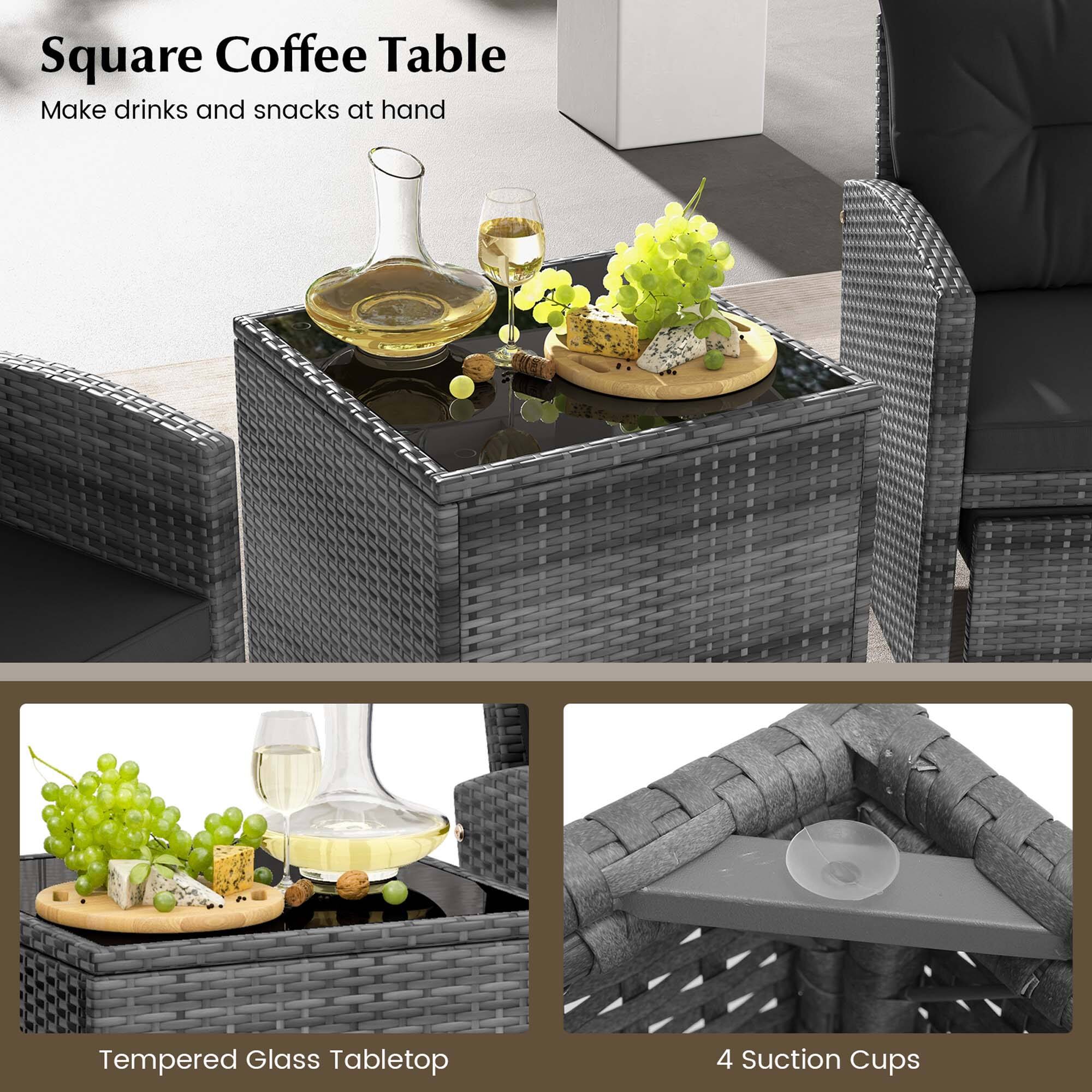 Square Coffee Table: Make drinks and snacks at hand. Tempered Glass Tabletop. 4 Suction Cups.