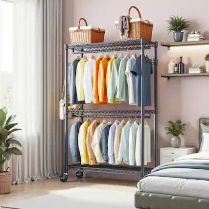 Front. LUCKY ONE - 79.6" H 3-Tier Heavy Duty Rolling Garment Rack w/ 2 Rods Side Hooks Adjustable - Black.