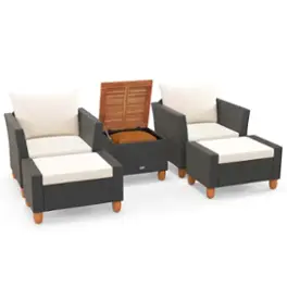 Costway - 5 PCS Patio Furniture Set with Storage Table Ottomans Soft Pillows & Cushions - Black,White
