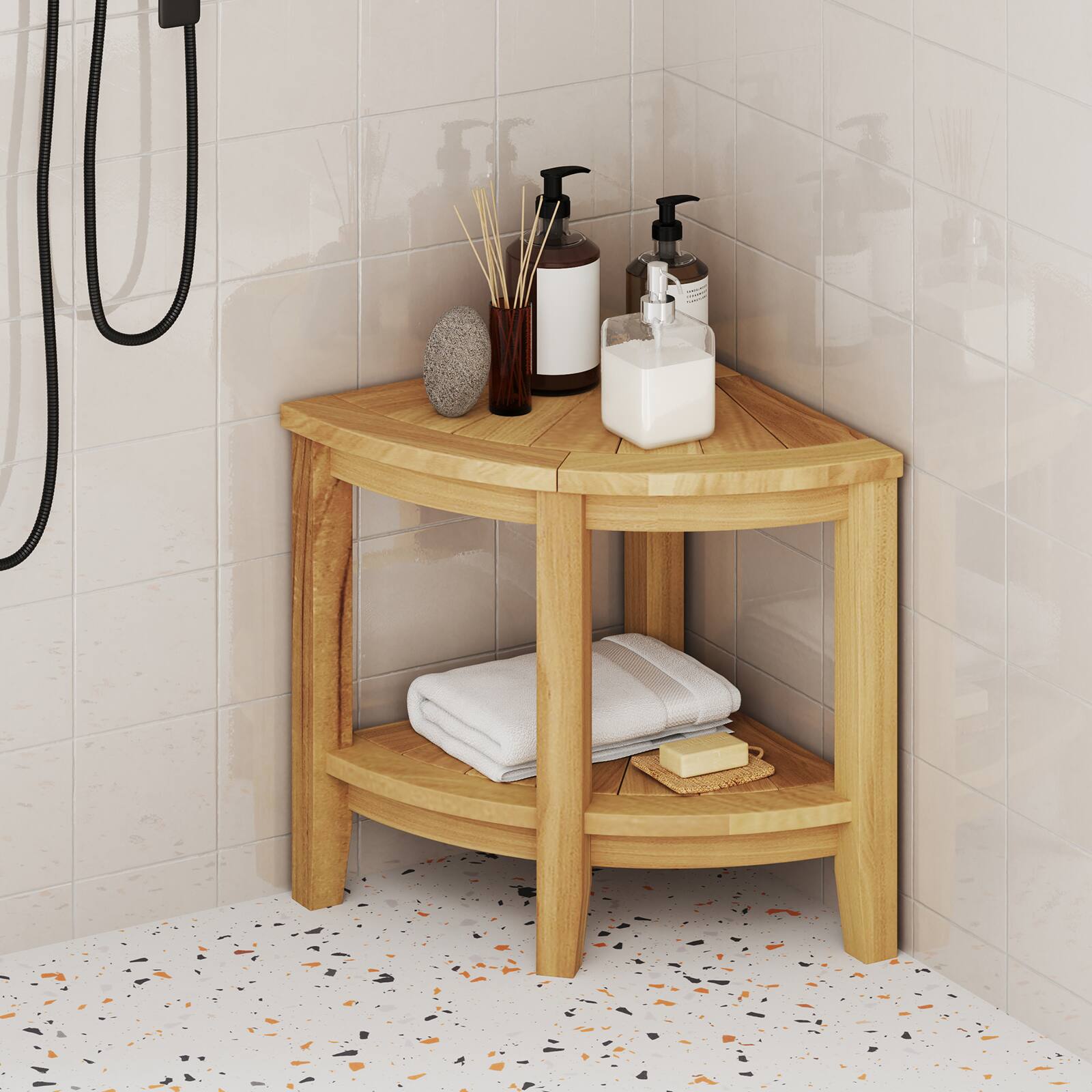 Alt View 1. Gymax - Gymax Corner Shower Stool Teak Wood Shower Bench w/ Storage Shelf Bathroom Foot Stool - Natural.