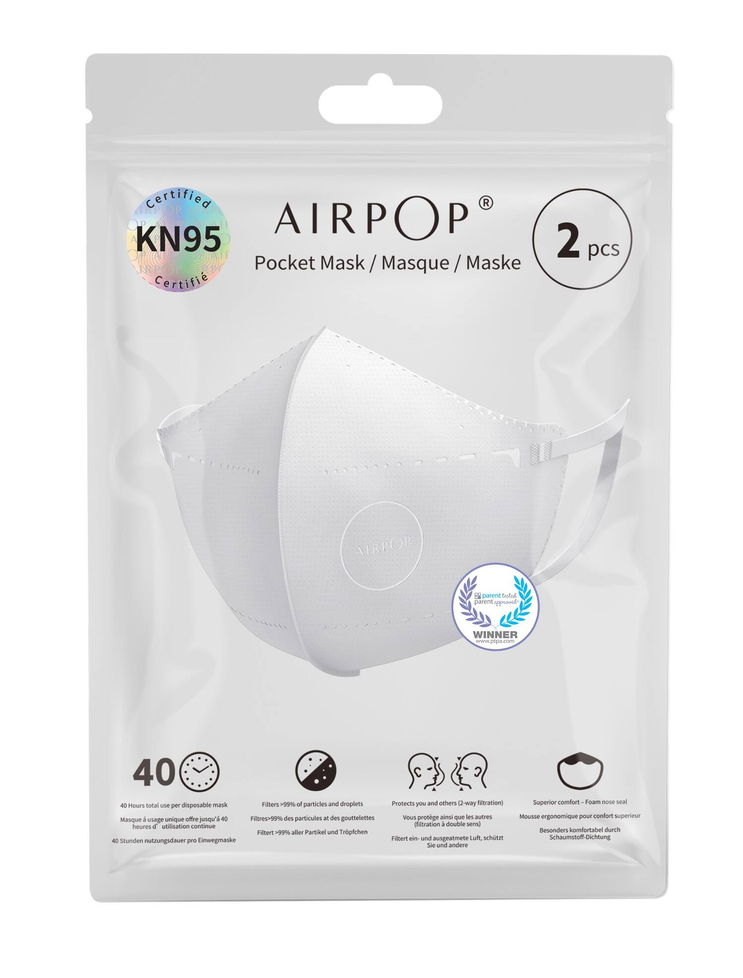 Front. AIRPOP - Pocket 2 Pack KN95 Masks - White.