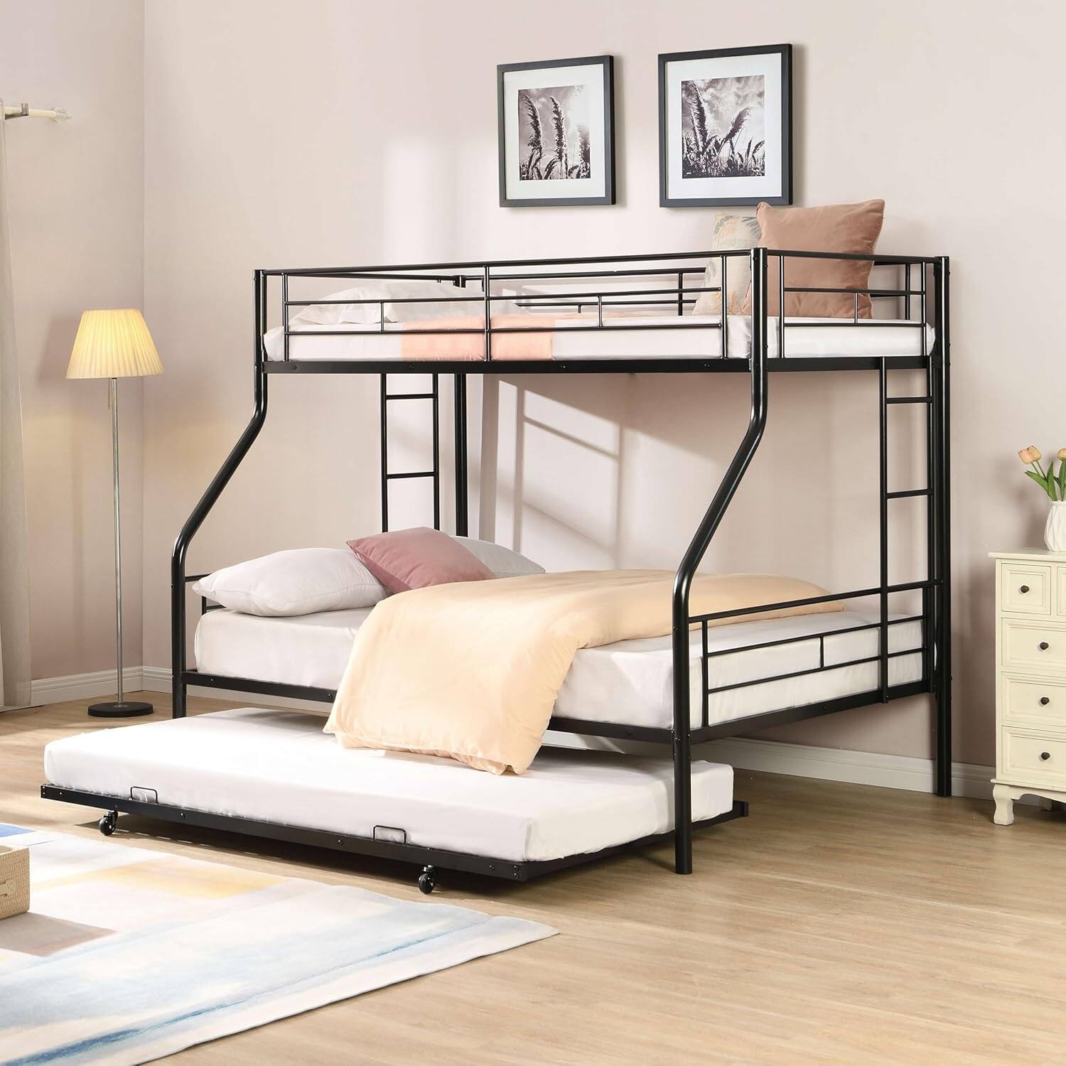 Alt View 3. Trinkets Crazed - Twin Over Full Bunk Bed with Trundle, Sturdy Metal Frame Beds, Twin Over with 2 Ladders - black.