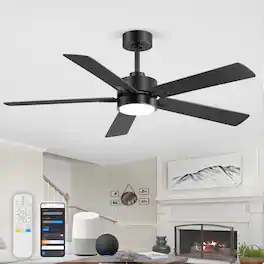 Breezary - 52-inch Modern Indoor Ceiling Fan with LED Light, 5 Plywood Blades, 6-Speed DC Motor, APP&Remote, Timer, 5" Downrod - 52-inch Matte Black