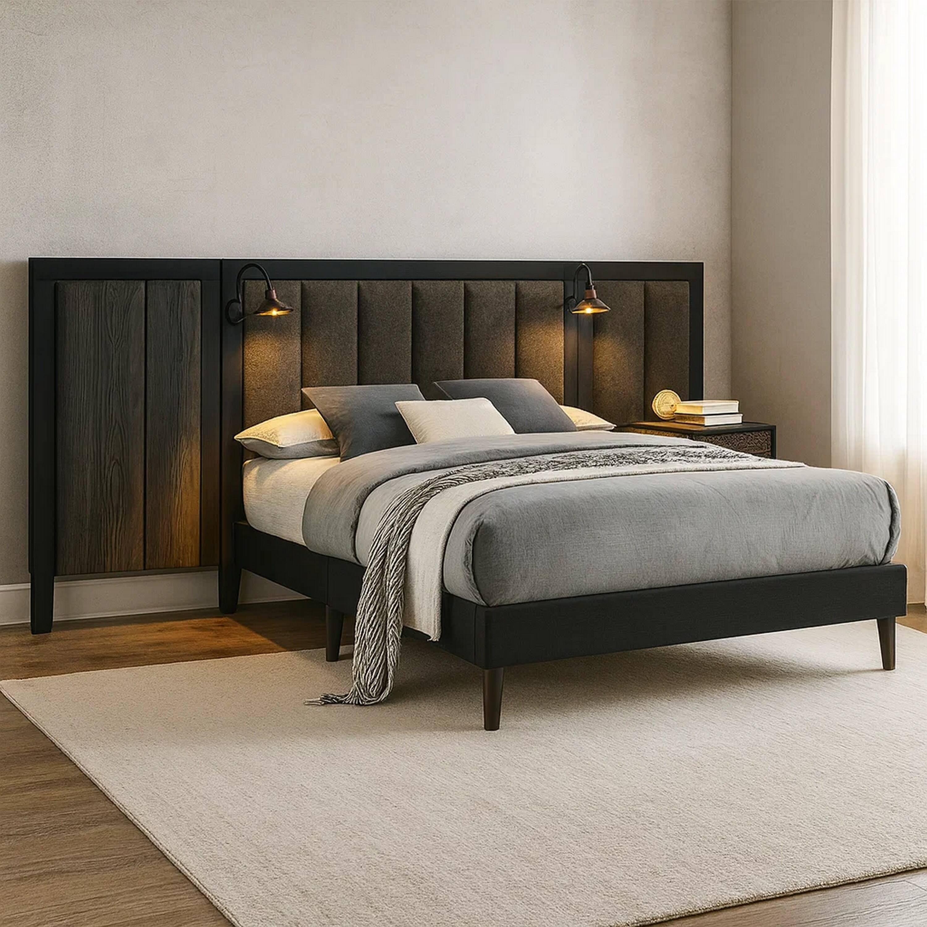 Alt View 6. Manhattan Lane - Fel Queen Size Bed, Dark Brown Wood Frame, Upholstered Headboard - Brown.