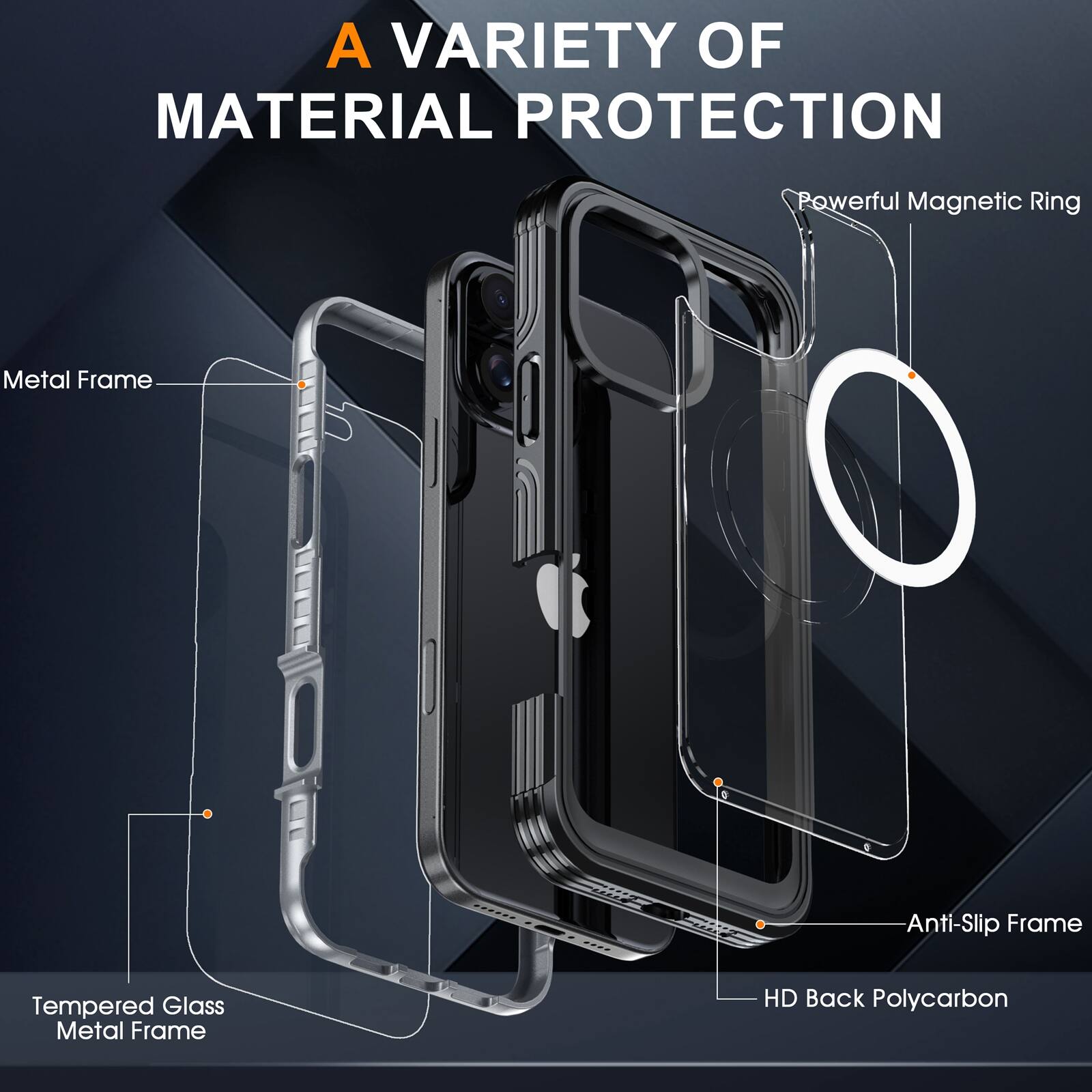 A VARIETY OF MATERIAL PROTECTION

- Powerful Magnetic Ring
- Metal Frame
- Tempered Glass Metal Frame
- Anti-Slip Frame
- HD Back Polycarbon
