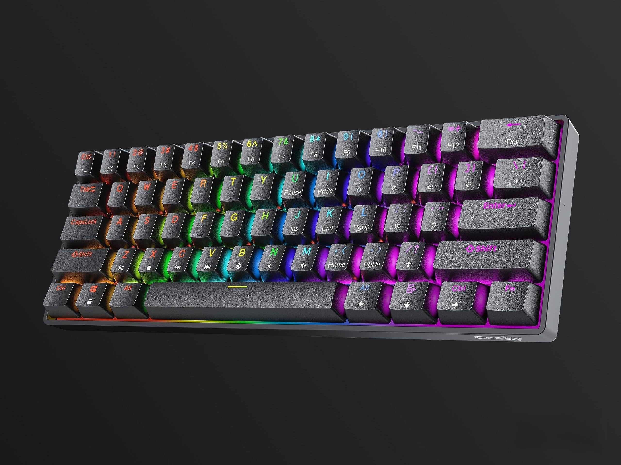 Sure, here is the corrected and grouped text from the image:

```
Esc Tab 1! F1 Q 2@ F2 W 3# F3 E $ F4 R 5% F5 T 6 F6 Y 7& F7 U Pause 8* F8 I PrtSc 9( F9 O 0 ) F10 P - F11 [ + F12 ) Del CapsLock A S D F G H J K L PgUp C a Enter Shift Z X C V B N M < Home > PgDn ? Shift Ctrl Fn + Geekay
```