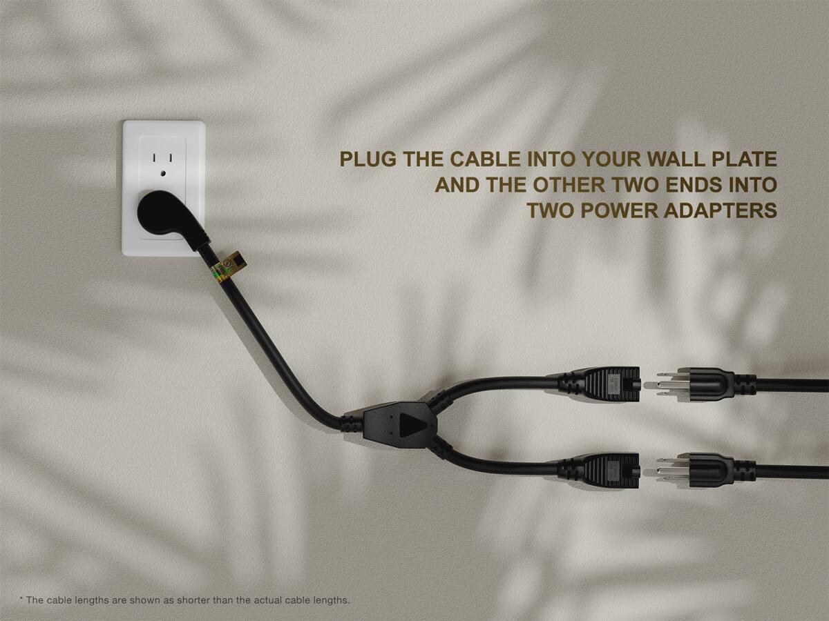 PLUG THE CABLE INTO YOUR WALL PLATE AND THE OTHER TWO ENDS INTO TWO POWER ADAPTERS

*The cable lengths are shown as shorter than the actual cable lengths.
