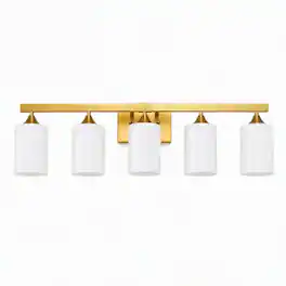 RYHNUYNE - 5-Light Brushed Gold Vanity Light Bar with Frosted Glass Shades for Bathroom, Bedroom, and Hallway