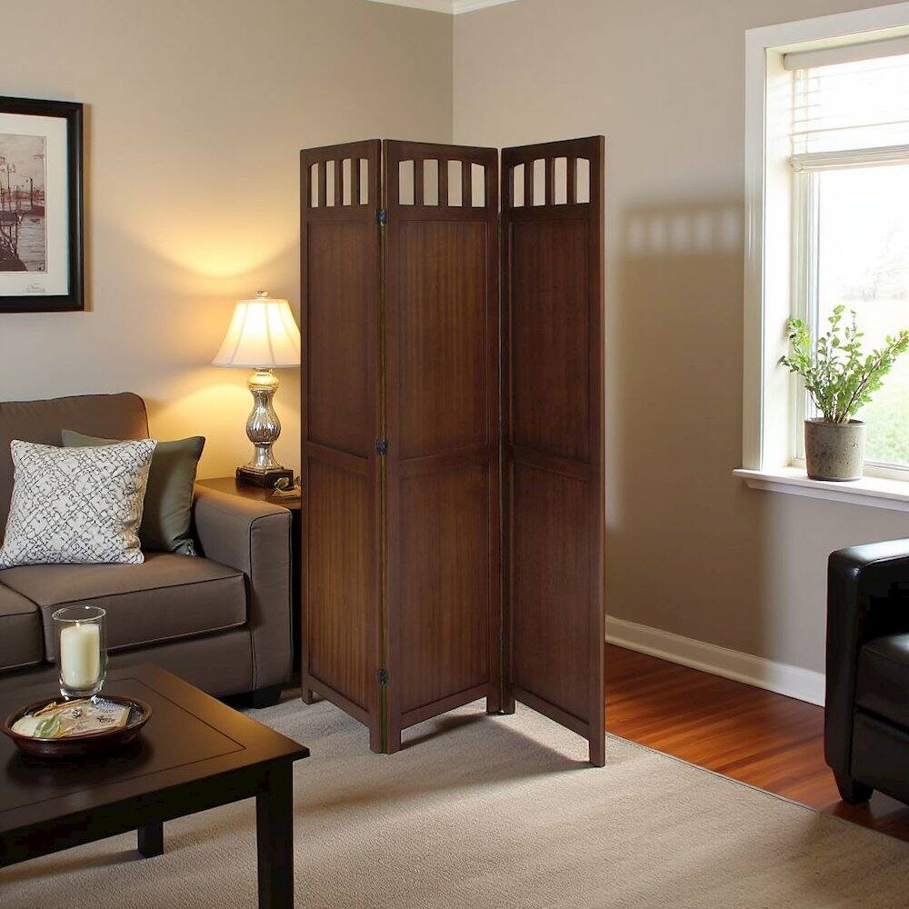 Left. FurniFact - Antique Walnut Room Divider Panel – Folding Screen for Room Partition - Walnut.