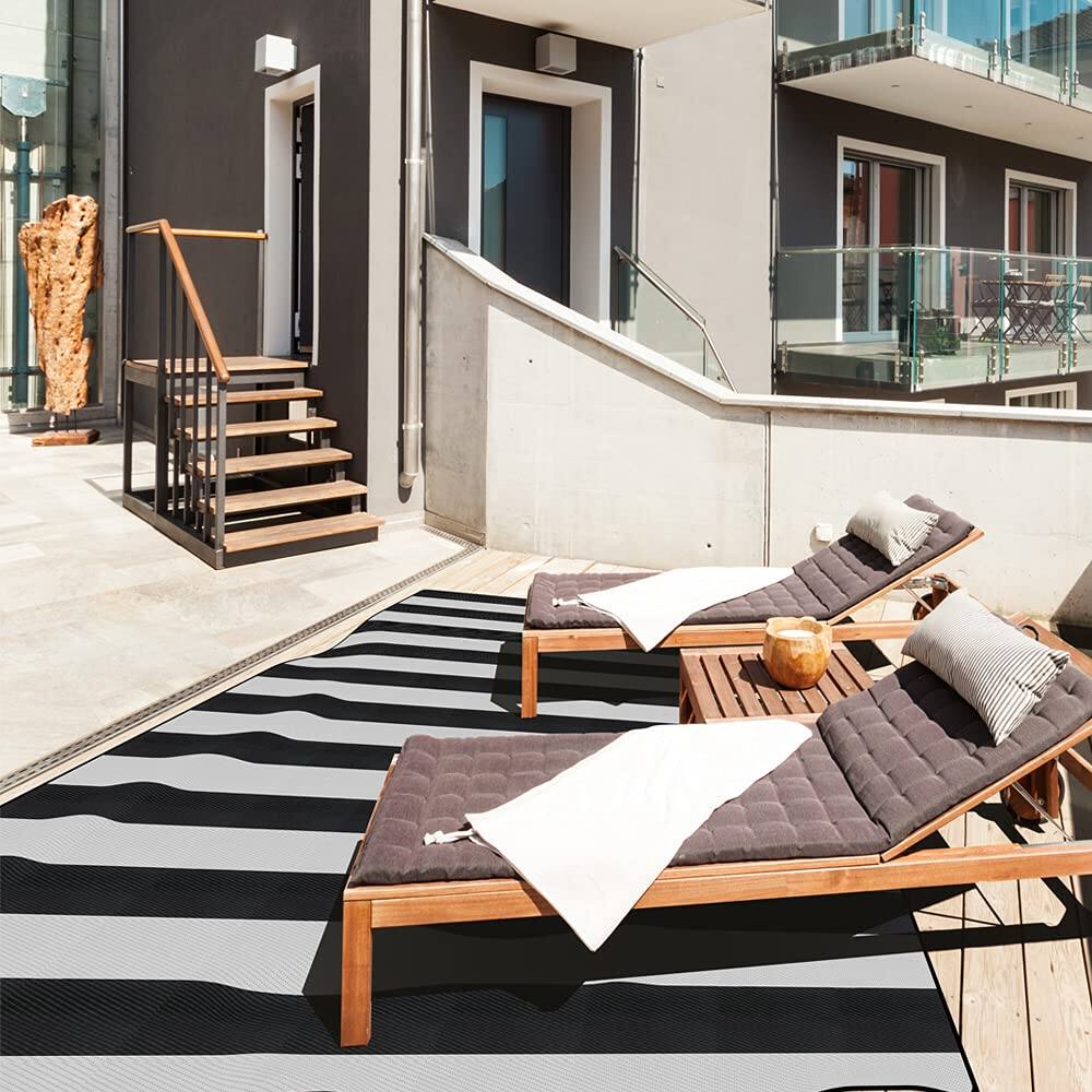 Alt View 3. Earthley Blooms - Plastic Straw Rug Outdoor Waterproof Patio Rugs Foldable Reversible Camping Mat For Rv Deck Porch Picnic Be... - H-aqua Blue/White-5' x 8'.