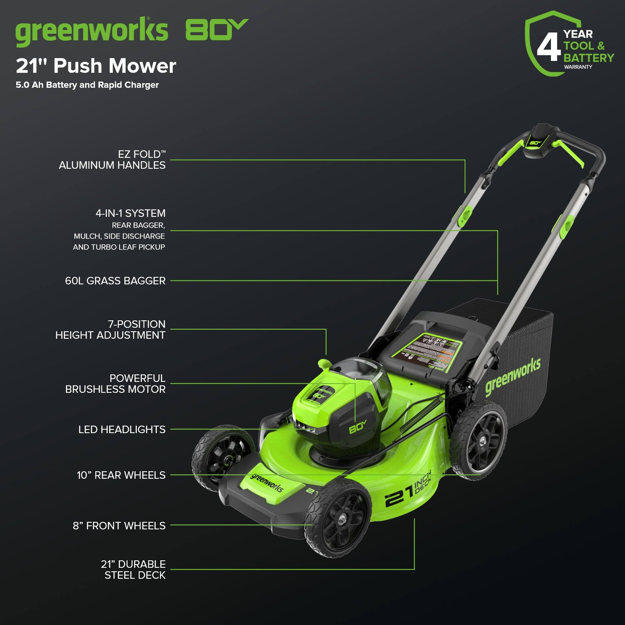 greenworks 80V 21" Push Mower  
5.0 Ah Battery and Rapid Charger  
4 YEAR TOOL & BATTERY WARRANTY  
EZ FOLD™ ALUMINUM HANDLES  
4-IN-1 SYSTEM: REAR BAGGER, MULCH, SIDE DISCHARGE AND TURBO LEAF PICKUP  
60L GRASS BAGGER  
7-POSITION HEIGHT ADJUSTMENT  
POWERFUL BRUSHLESS MOTOR  
LED HEADLIGHTS  
10" REAR WHEELS  
8" FRONT WHEELS  
21" DURABLE STEEL DECK