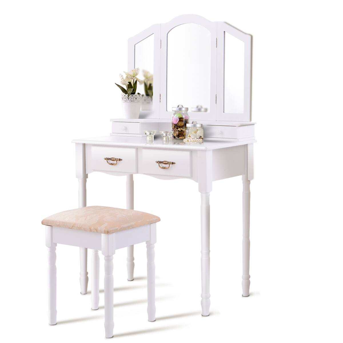 Gymax - Vanity Makeup Dressing Table Stool Set w/ Folding Mirror 4 Drawers - White