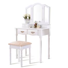 Gymax - Vanity Makeup Dressing Table Stool Set w/ Folding Mirror 4 Drawers - White