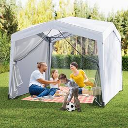 Mondawe - 10 x 10 FT Pop-Up Canopy Tent with 4 Sidewalls, Mesh Netting, and Wheeled Bag - White