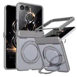 Dteck - Magnetic Case for Samsung Galaxy Z Flip8 with Aluminum Stand, Matte Shockproof Auto Spring Hinge Protective Cover - Gray