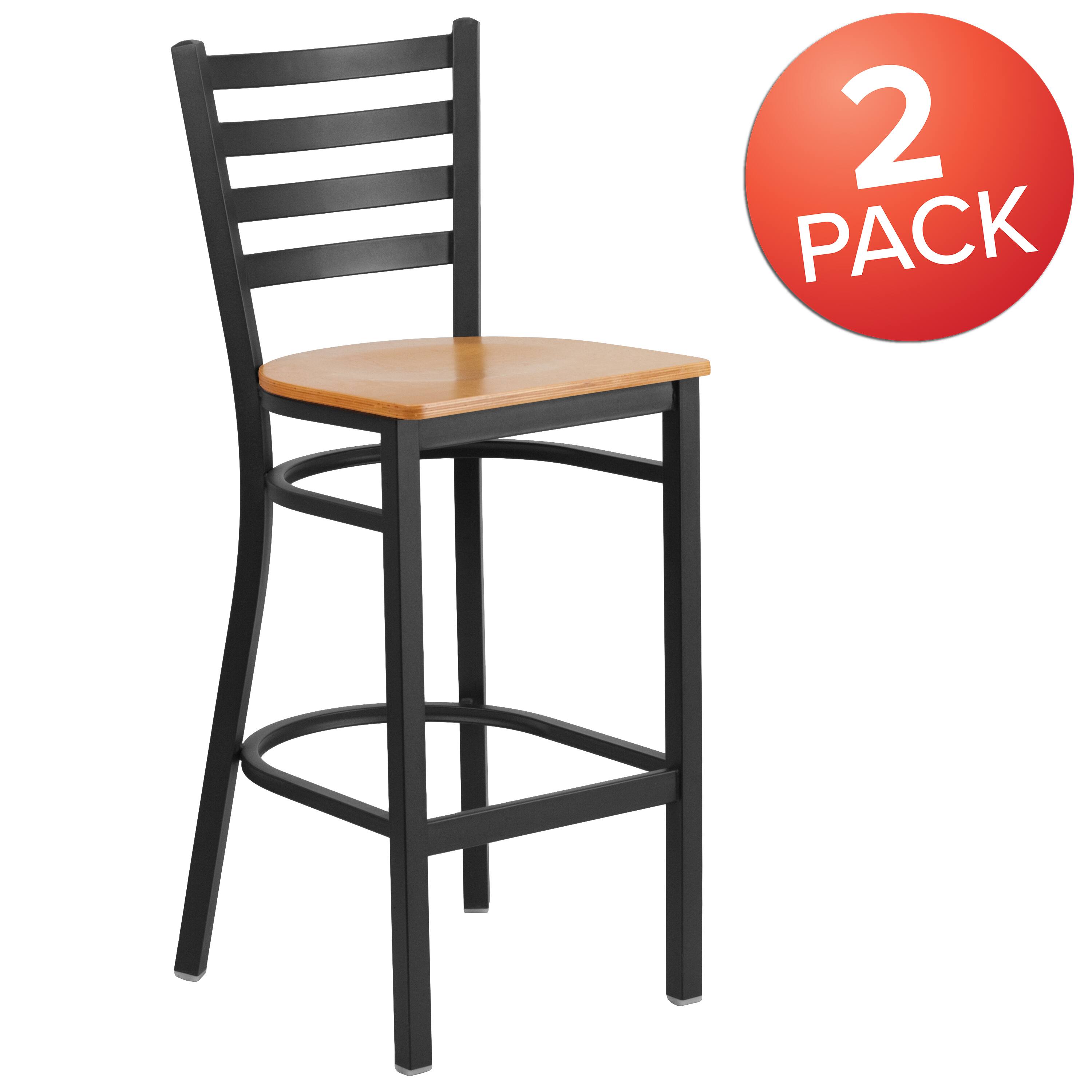 Alt View 1. Emma + Oliver - 2 Pack Ladder Back Metal Restaurant Barstool - Natural Wood Seat/Black Metal Frame.