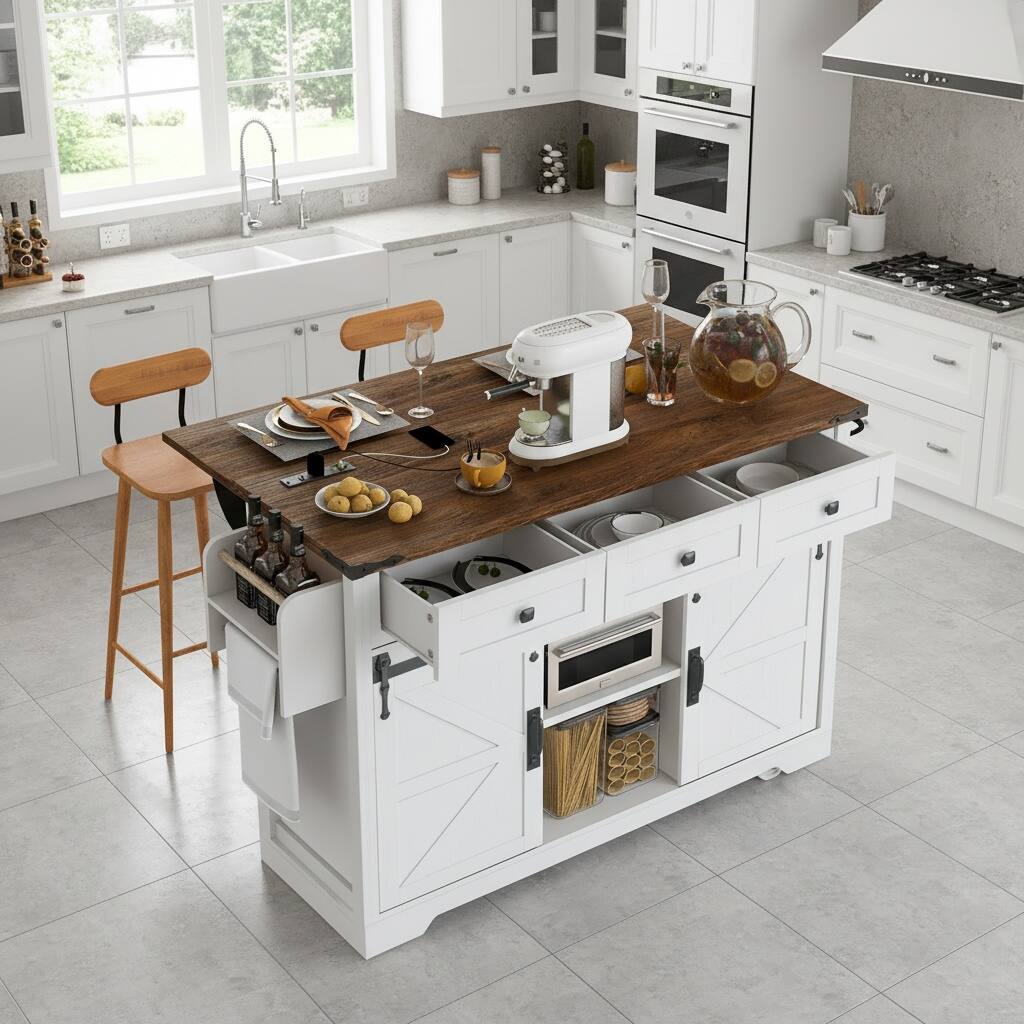 Alt View 2. Forest'nSky - 53.7" White Farmhouse Kitchen Cart on Wheels with Power Strip, Barn Door Storage - White.