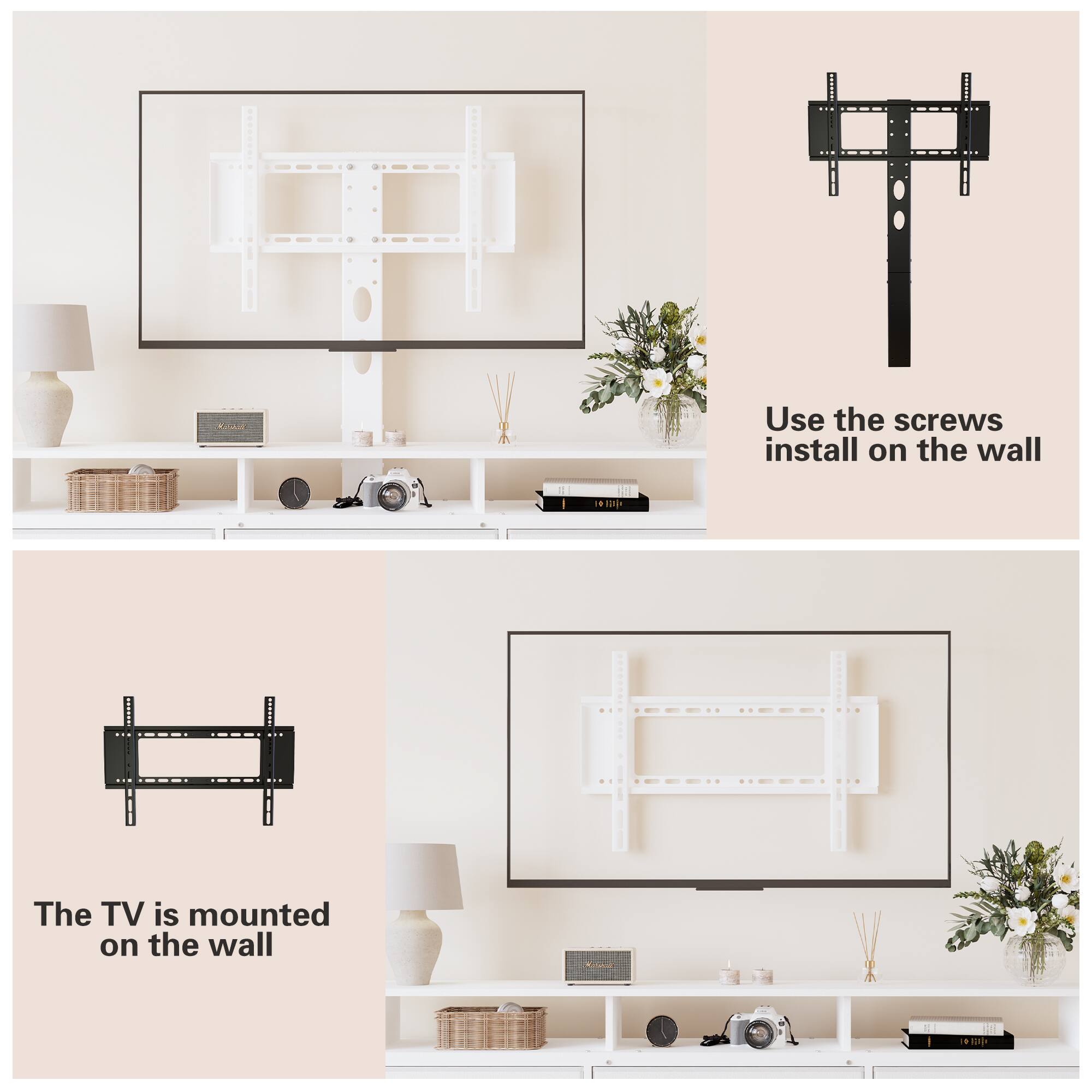 Use the screws to install on the wall.  
The TV is mounted on the wall.