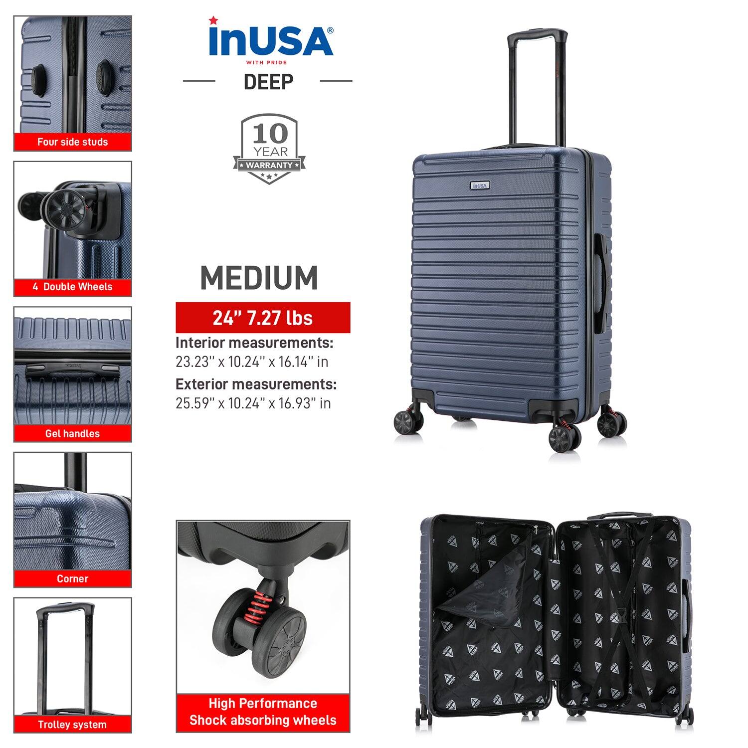 InUSA with Pride  
DEEP  

10 YEAR WARRANTY  

MEDIUM  
24" 7.27 lbs  

Interior measurements:  
23.23" x 10.24" x 16.14" in  

Exterior measurements:  
25.59" x 10.24" x 16.93" in  

Four side studs  
4 Double Wheels  
Gel handles  
Corner  
Trolley system  
High Performance Shock absorbing wheels