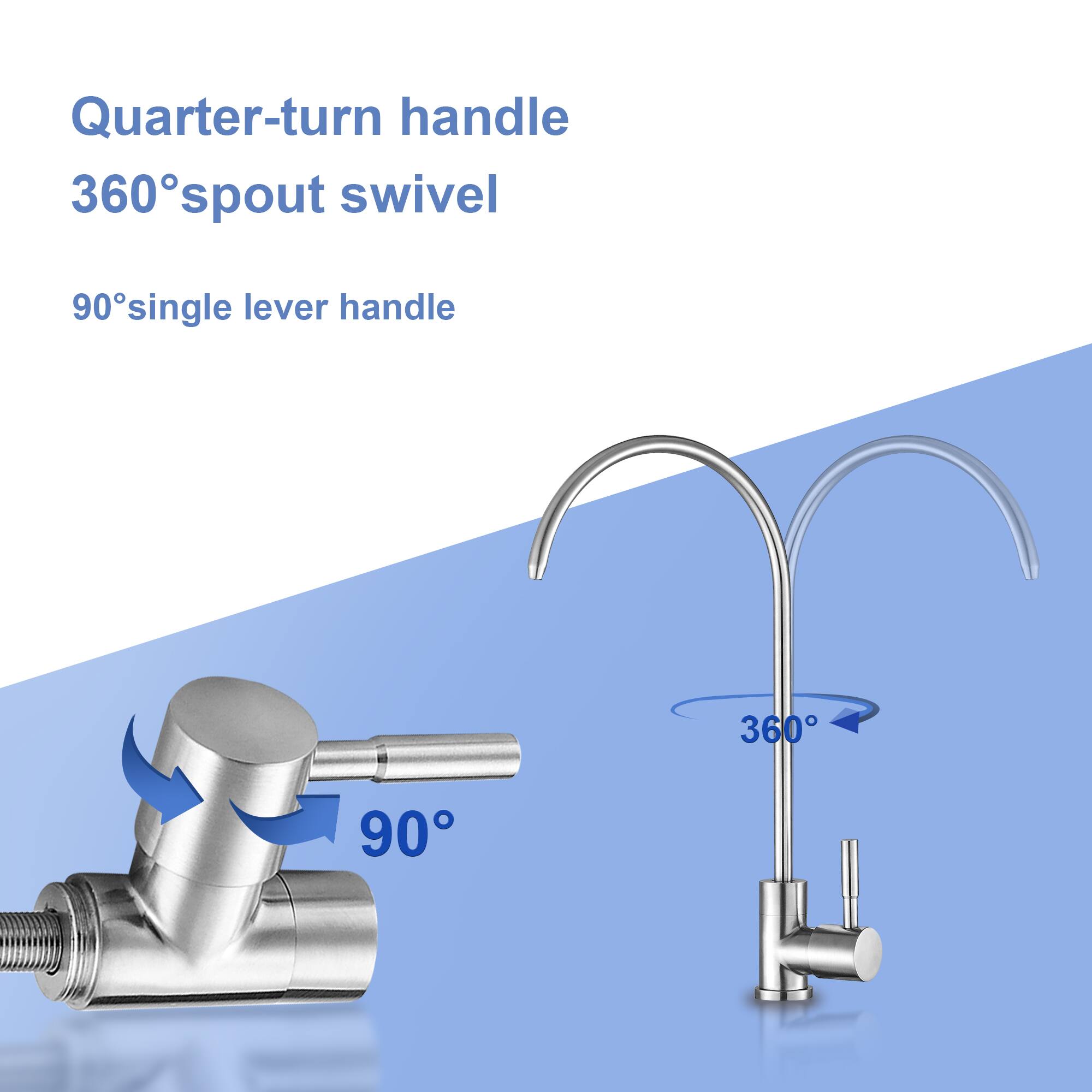 Quarter-turn handle  
360° spout swivel  
90° single lever handle