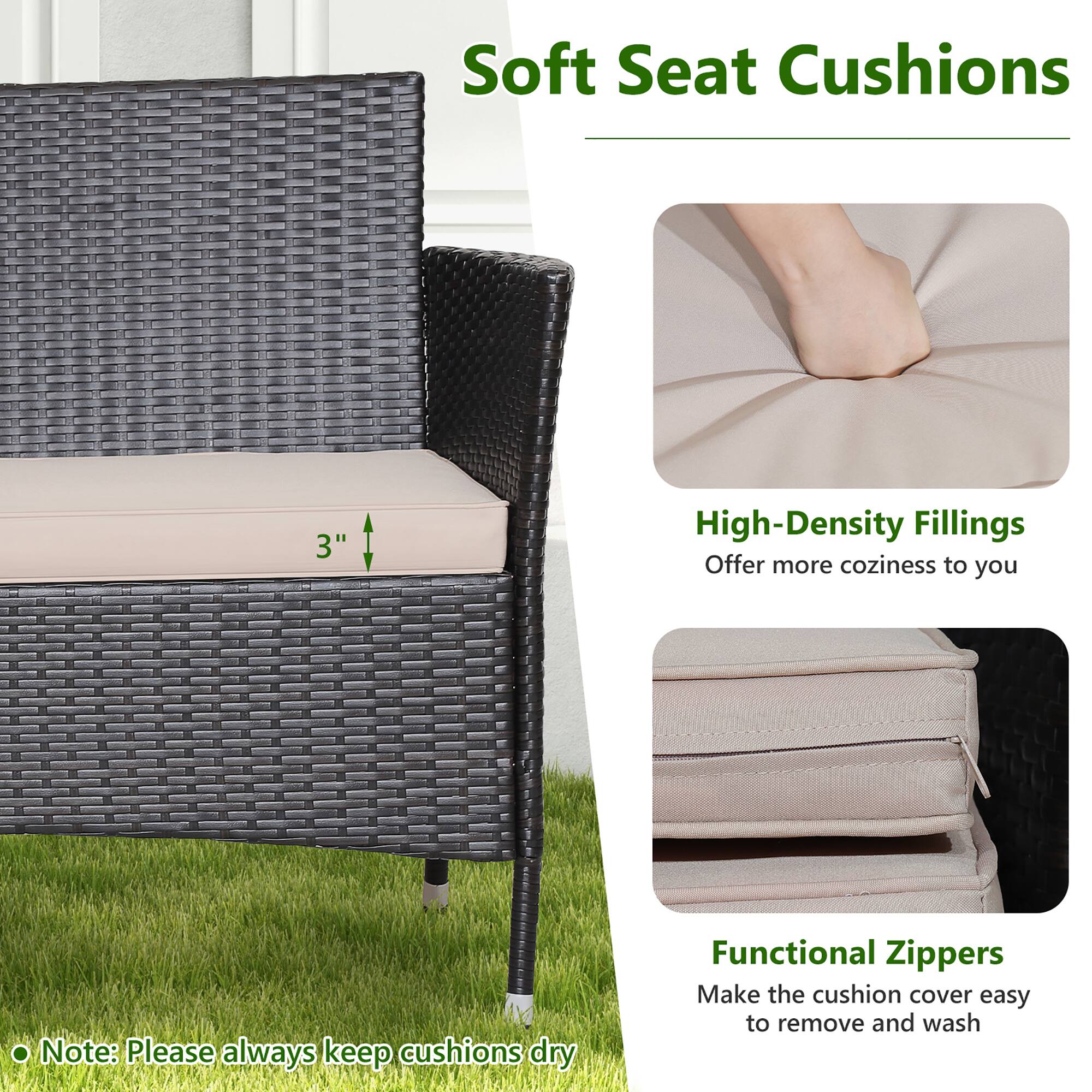 Soft Seat Cushions

High-Density Fillings
Offer more coziness to you

Functional Zippers
Make the cushion cover easy to remove and wash

Note: Please always keep cushions dry