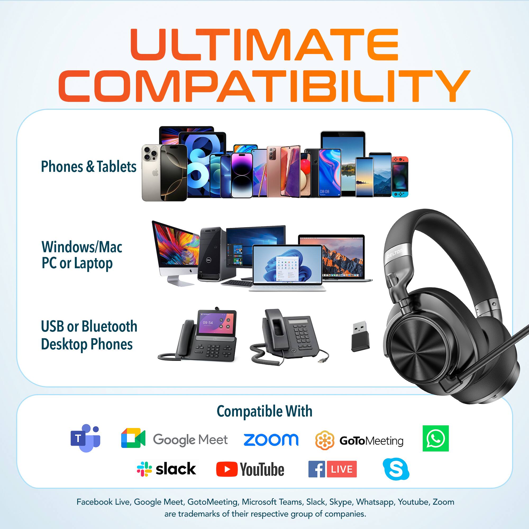 Phones & Tablets
Windows/Mac PC or Laptop
USB or Bluetooth Desktop Phones
Compatible With
Google Meet Zoom GoToMeeting slack YouTube f LIVE S
Facebook Live, Google Meet, GotoMeeting, Microsoft Teams, Slack, Skype, Whatsapp, Youtube, Zoom are trademarks of their respective group of companies.