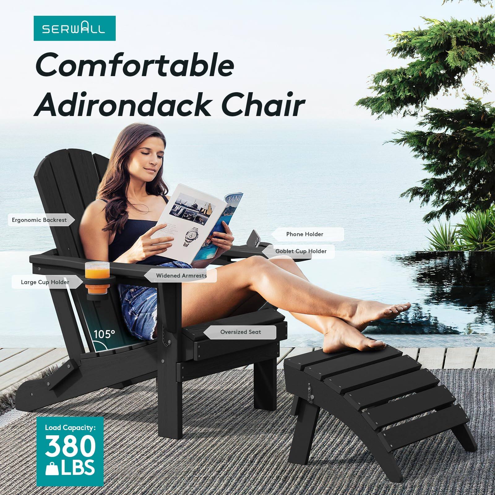 SERWALL Comfortable Adirondack Chair Ergonomic Backrest Phone Holder Goblet Cup Holder Large Cup Holder Widened Armrests 105 Oversized Seat Load Capacity: 380 LBS
