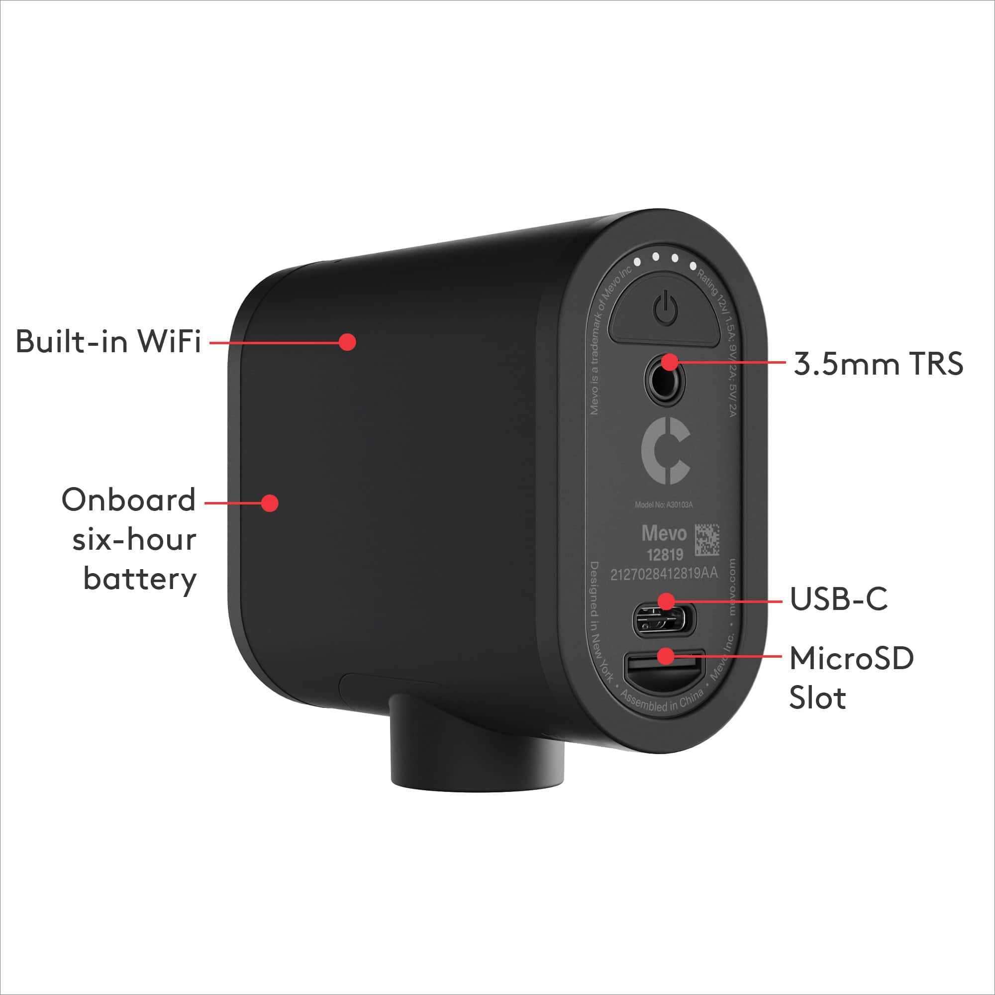 Built-in WiFi inc oMevoine trademark. Mevo 125dl - .5A PB 2A SW VZ 3.5mm TRS Onboard six-hour battery. Model - Aiosida Mevo 12819 2127028412819AA SUDD Designed e E 3 New m York Mov Assembled in China USB-C MicroSD Slot.
