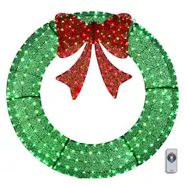 Winado - 60in Christmas Wreath Large Pre-Lit with LED Lights, Bows, Remote Control for Indoor Outdoor Holiday Party Decorations - Green
