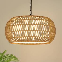 Nordic Hygge - 19-Inch Rattan Boho Chandelier for Dining Room with Fabric Shade