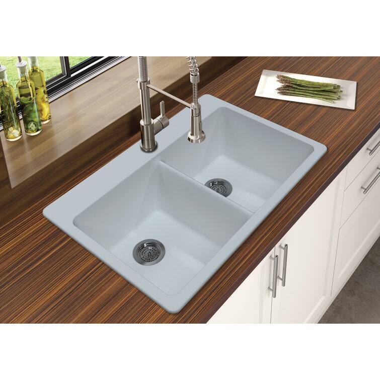 Angle. Winpro - Winpro Dual Mount Granite Composite 33 in. L x 22 in. L x 9.5 in. Double Equal Bowl Kitchen Sink in White - White.