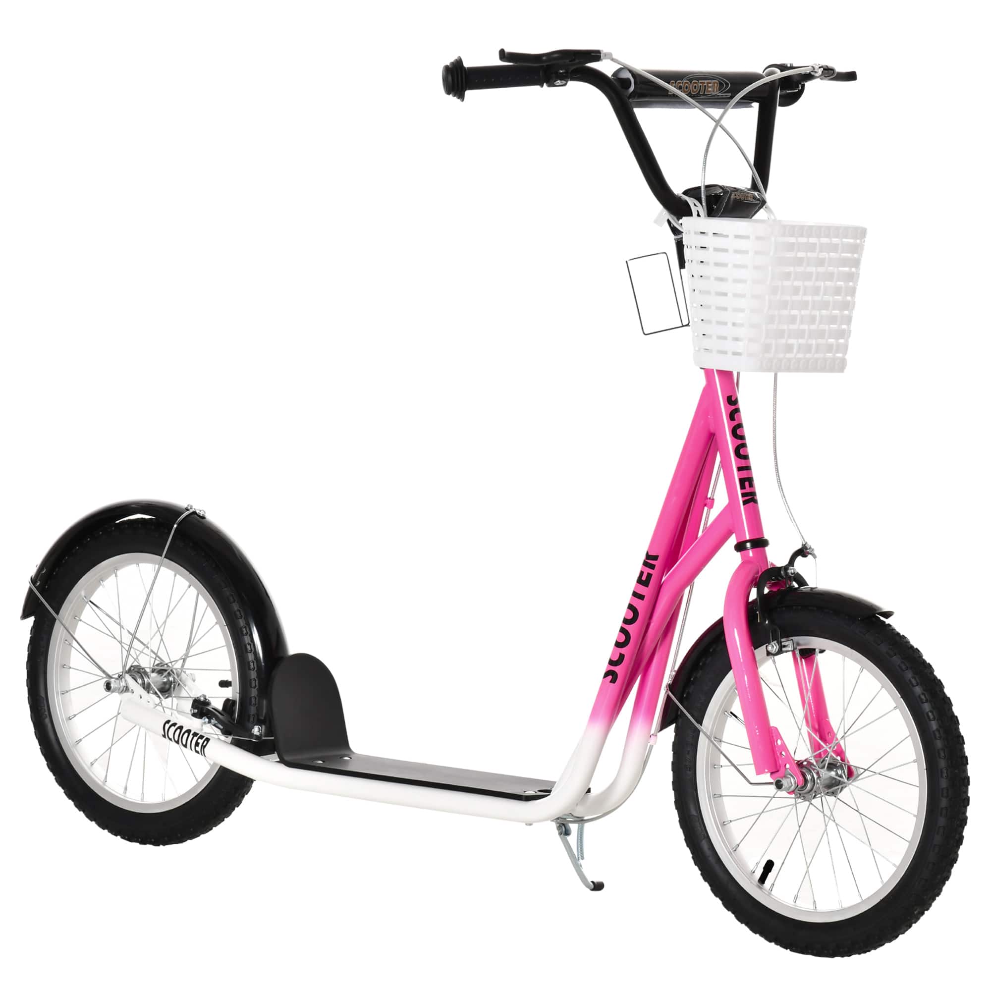 Glintex - Kick Scooter Adjustable Handlebars Dual Brakes 16" Inflatable Tires with Basket and Cupholder for Ages 5+ - Pink