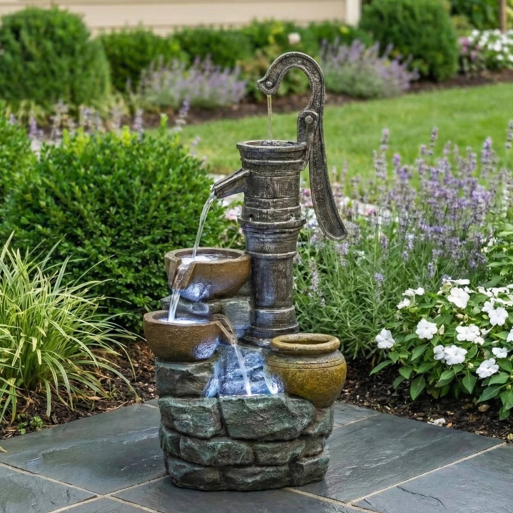 Anysun - 32" H Large Outdoor Fountain with Vintage Pump – Ideal for Patio, Yard, Outdoor Gardens, and Home Art Decor - Gray