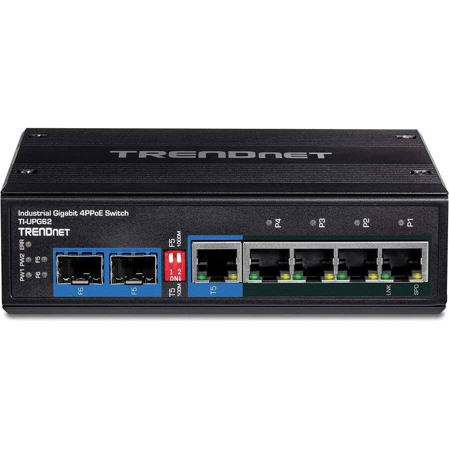 TRENDNET Industrial Gigabit 4PPoE Switch  
TI-UPG62  

PW2 ERR PW1 F6 F6 F5 F5 1000M 1 2 TNU T5 OOM T5 P4 P3 P2 LNK P1 SPD