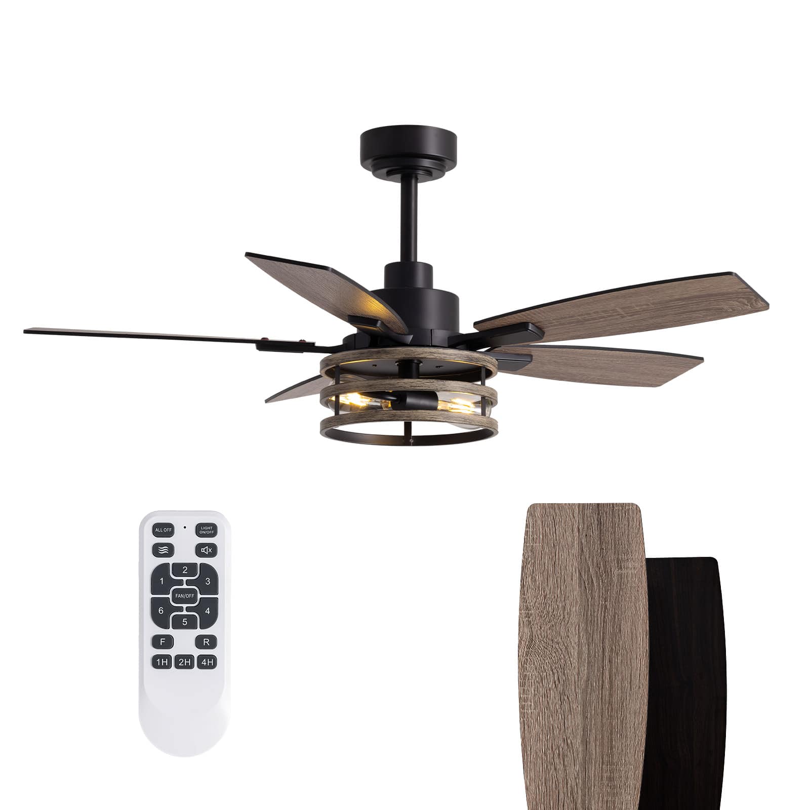 Siljoy - 46 In Black Rustic Cage Ceiling Fan with Light and Remote for Patio Bedroom Living Room - Wood Brown