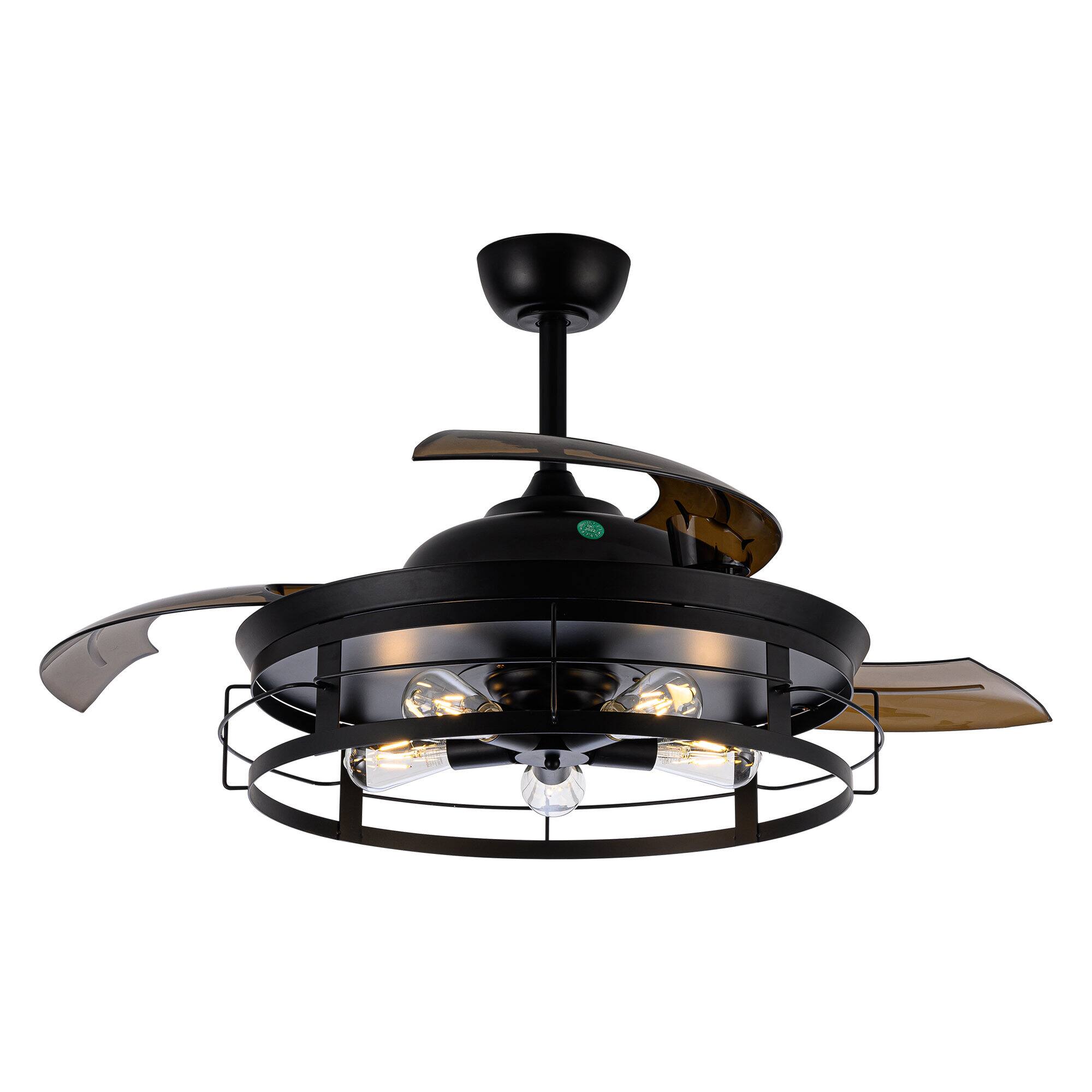 Alt View 3. Parrot Uncle - 52" Industrial Retractable 3-Blade Ceiling Fan Chandelier with Remote - Black.